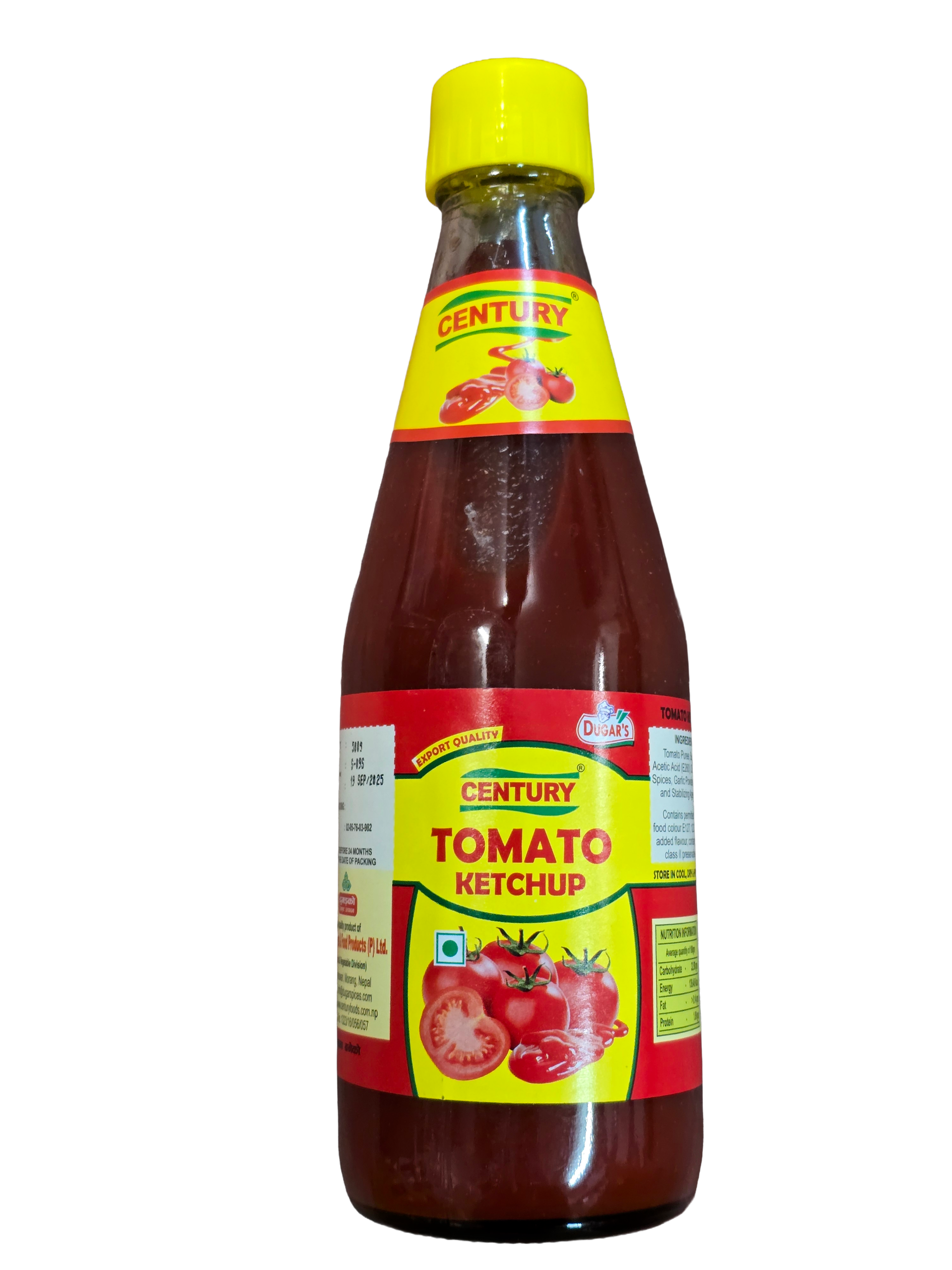 a bottle of ketchup with a yellow label